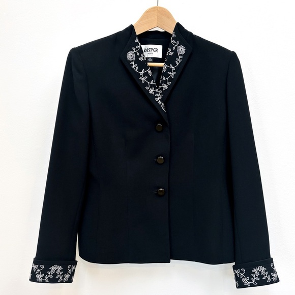 Kasper Floral Embroidered Blazer Evening Jacket Dressy Sequins Black White 8P - Picture 1 of 8